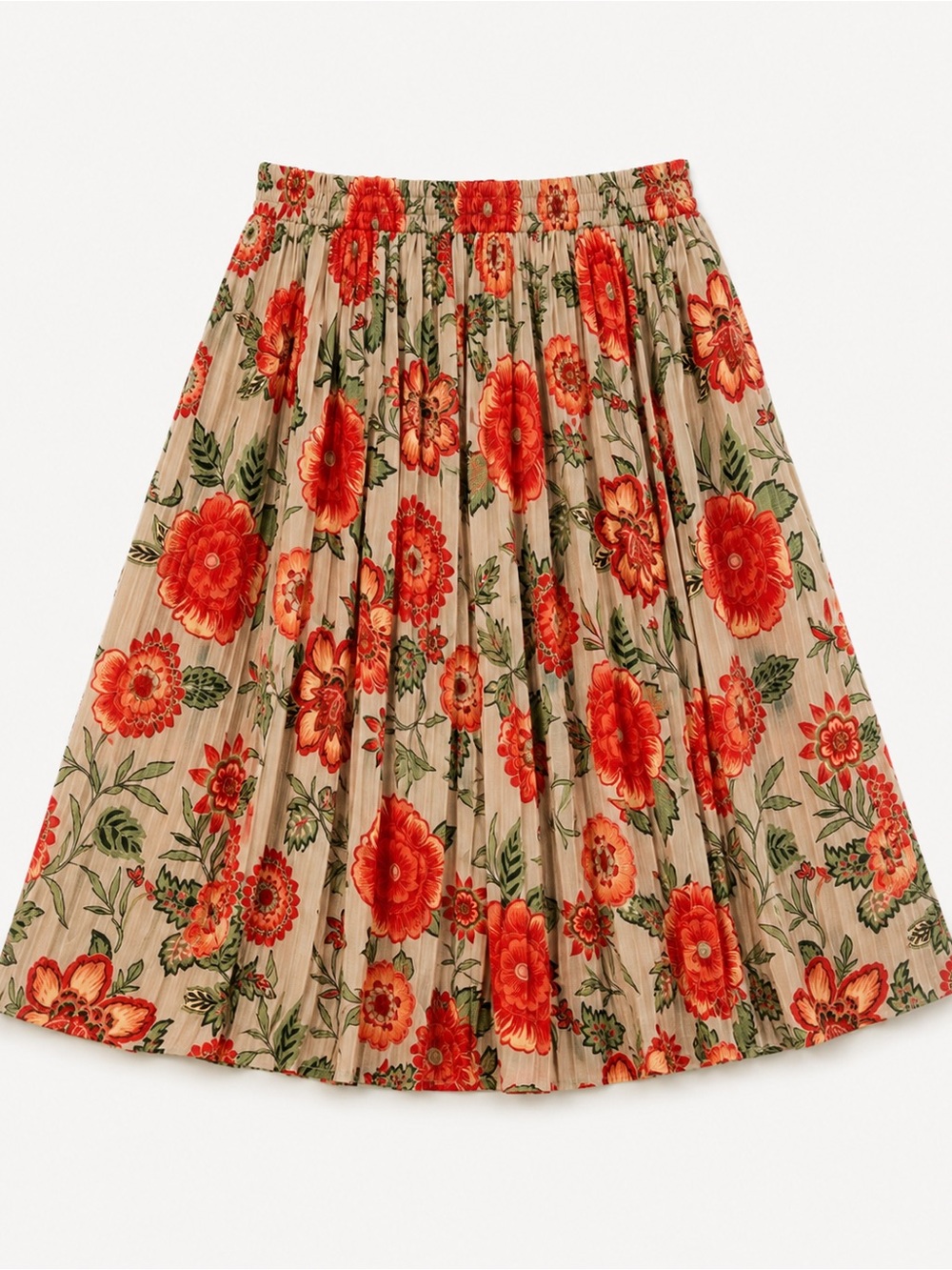 Floral Pleated Midi Skirt in Beige and Orange